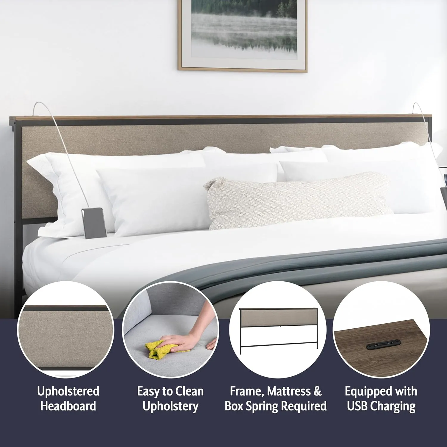 Hillsdale, Crawford Metal and Upholstered King Headboard with USB Ports, Textured Black/Beige