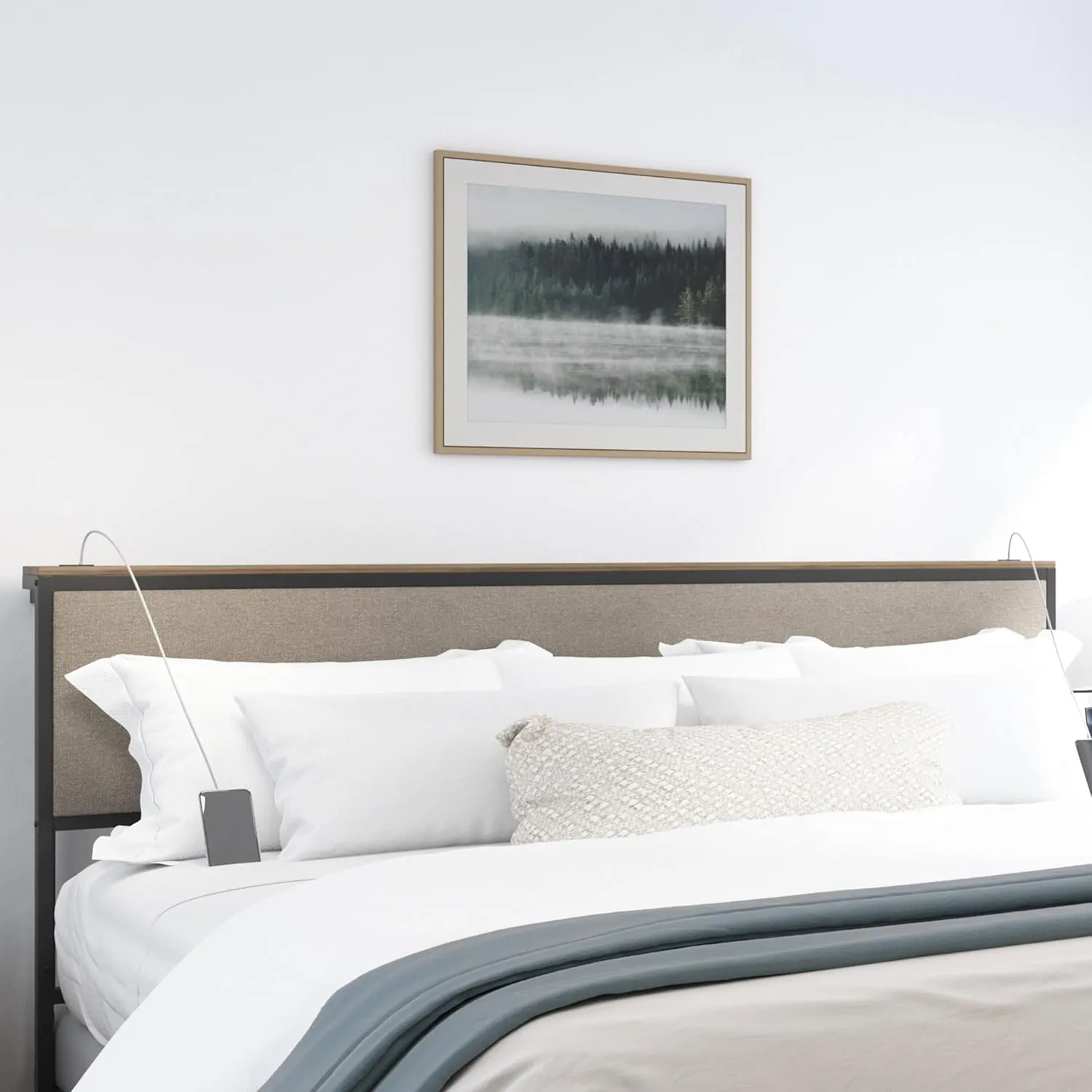 Hillsdale, Crawford Metal and Upholstered King Headboard with USB Ports, Textured Black/Beige