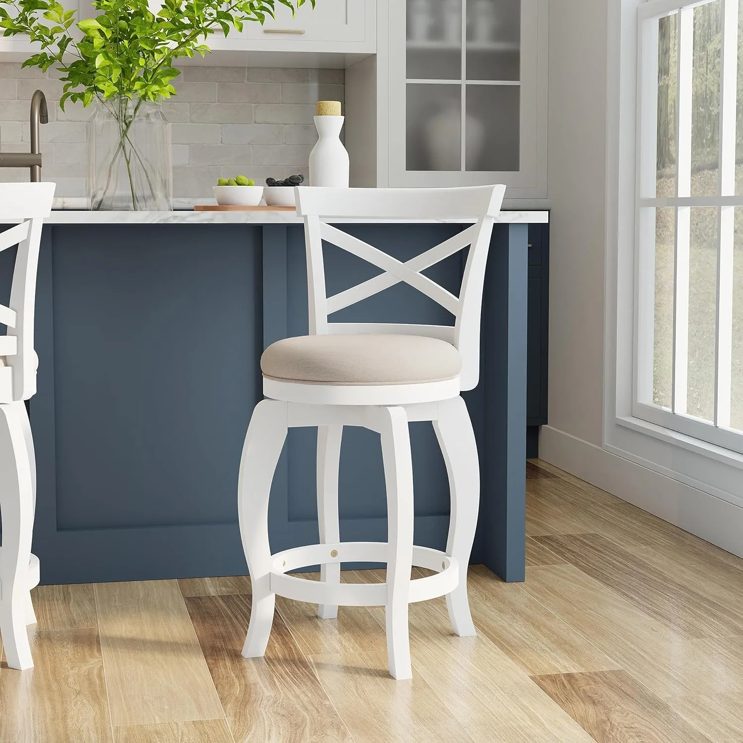 Hillsdale Saddlebrook Wood Counter Height Swivel Stool, White Upholstered Seat