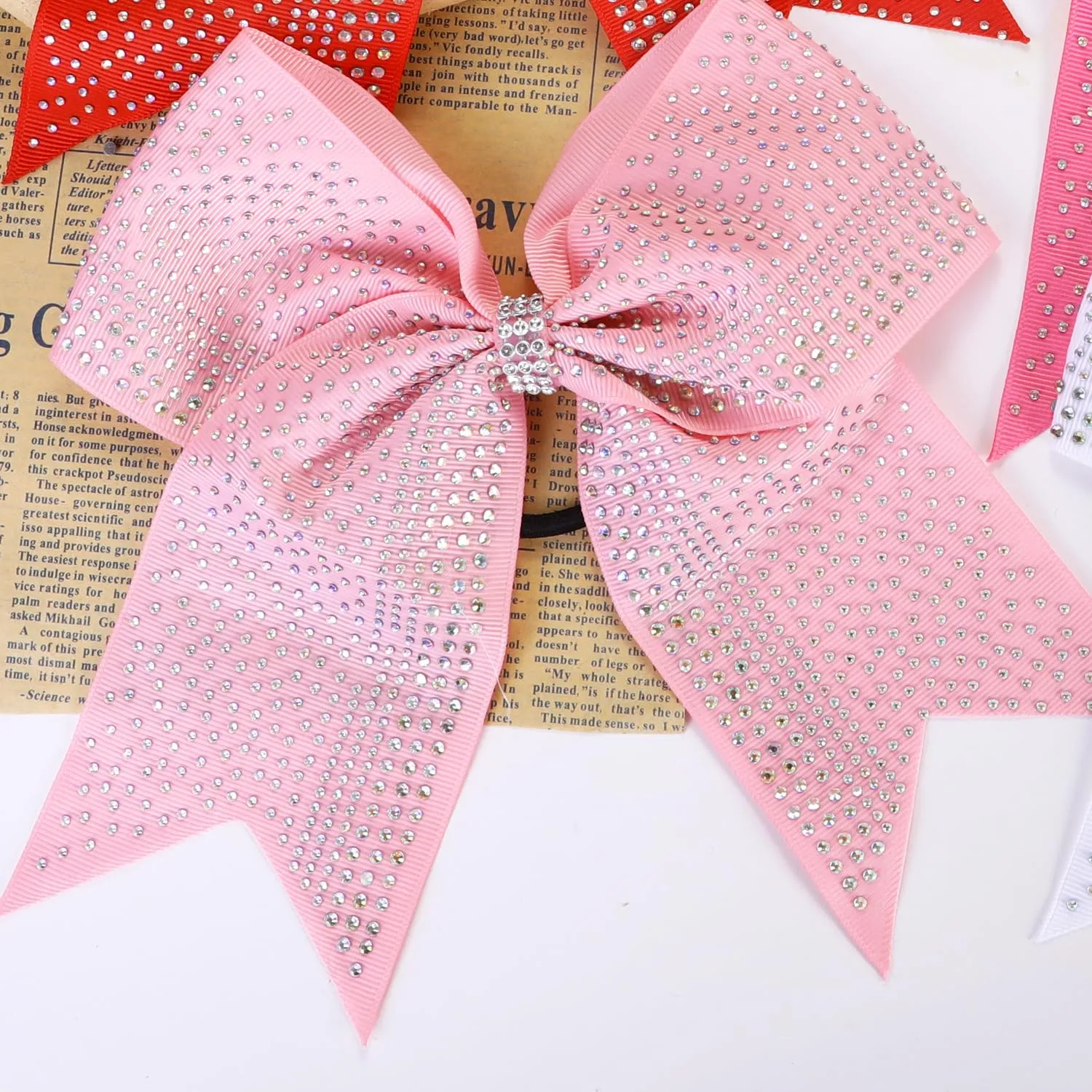 Hipcheer 10PCS Large Glitter Cheer Bows with Full Shiny Rhinestones Multicolored Shimmer Cheer Hair Bows Elastic Band Ponytail Holder for Cheerleader Girls Sports (Light Pink)