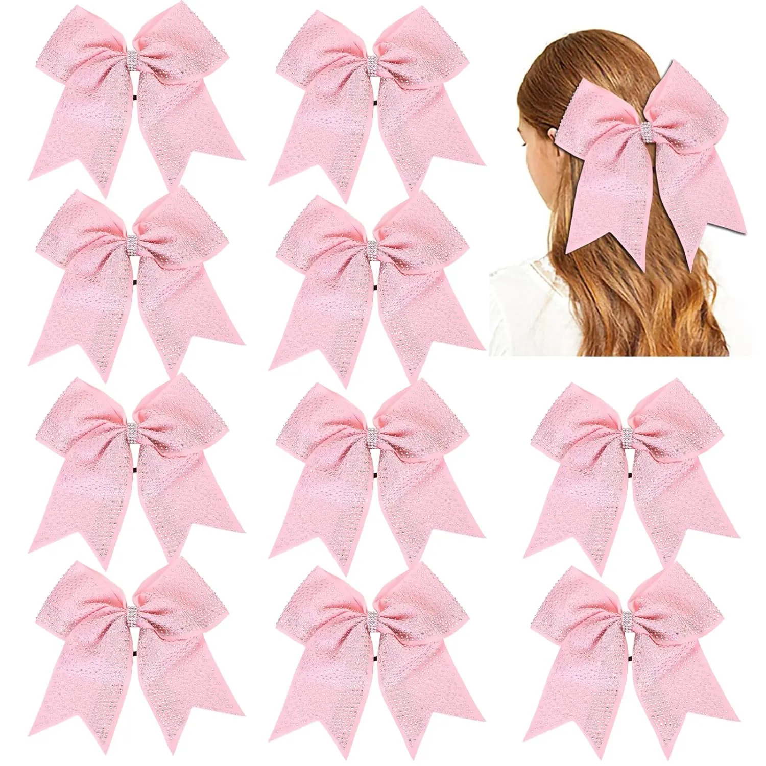 Hipcheer 10PCS Large Glitter Cheer Bows with Full Shiny Rhinestones Multicolored Shimmer Cheer Hair Bows Elastic Band Ponytail Holder for Cheerleader Girls Sports (Light Pink)