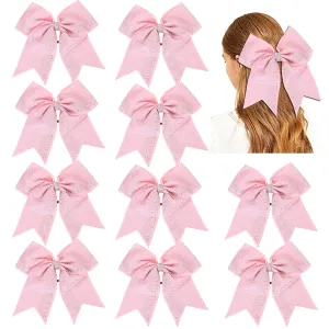 Hipcheer 10PCS Large Glitter Cheer Bows with Full Shiny Rhinestones Multicolored Shimmer Cheer Hair Bows Elastic Band Ponytail Holder for Cheerleader Girls Sports (Light Pink)