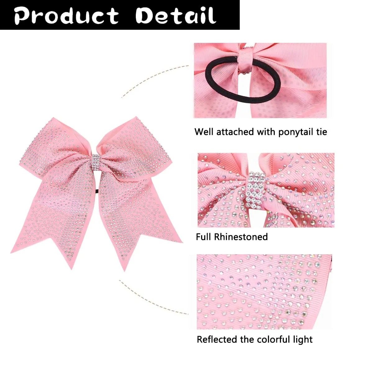 Hipcheer 10PCS Large Glitter Cheer Bows with Full Shiny Rhinestones Multicolored Shimmer Cheer Hair Bows Elastic Band Ponytail Holder for Cheerleader Girls Sports (Light Pink)