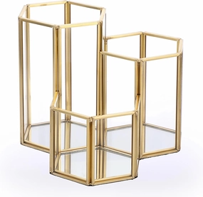 Hipiwe Glass Makeup Brush Holder 3 Slot Mirrored Gold Cosmetics Brush Organizer Eyeliners Display Case Vintage Decorative Makeup Storage Box Desktop Pen Pencil Pot, Large