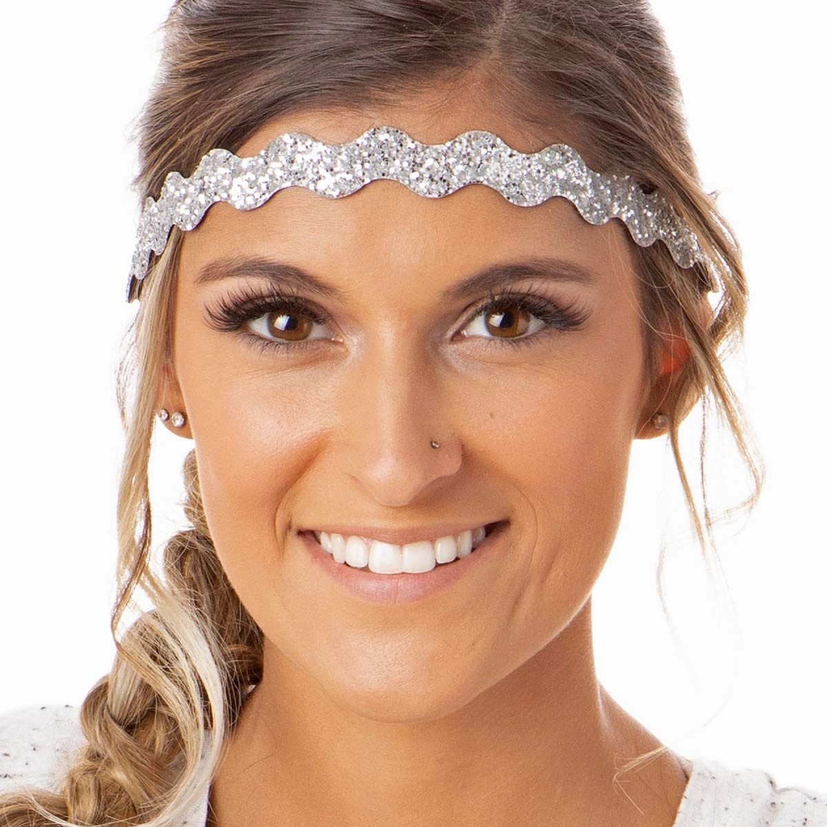 Hipsy Plus Size, Adjustable No Slip Sparkly Bling Glitter Wave 5pk Headbands for Women Girls & Teens (Wave Navy/White/Light Pink/Black/Silver)