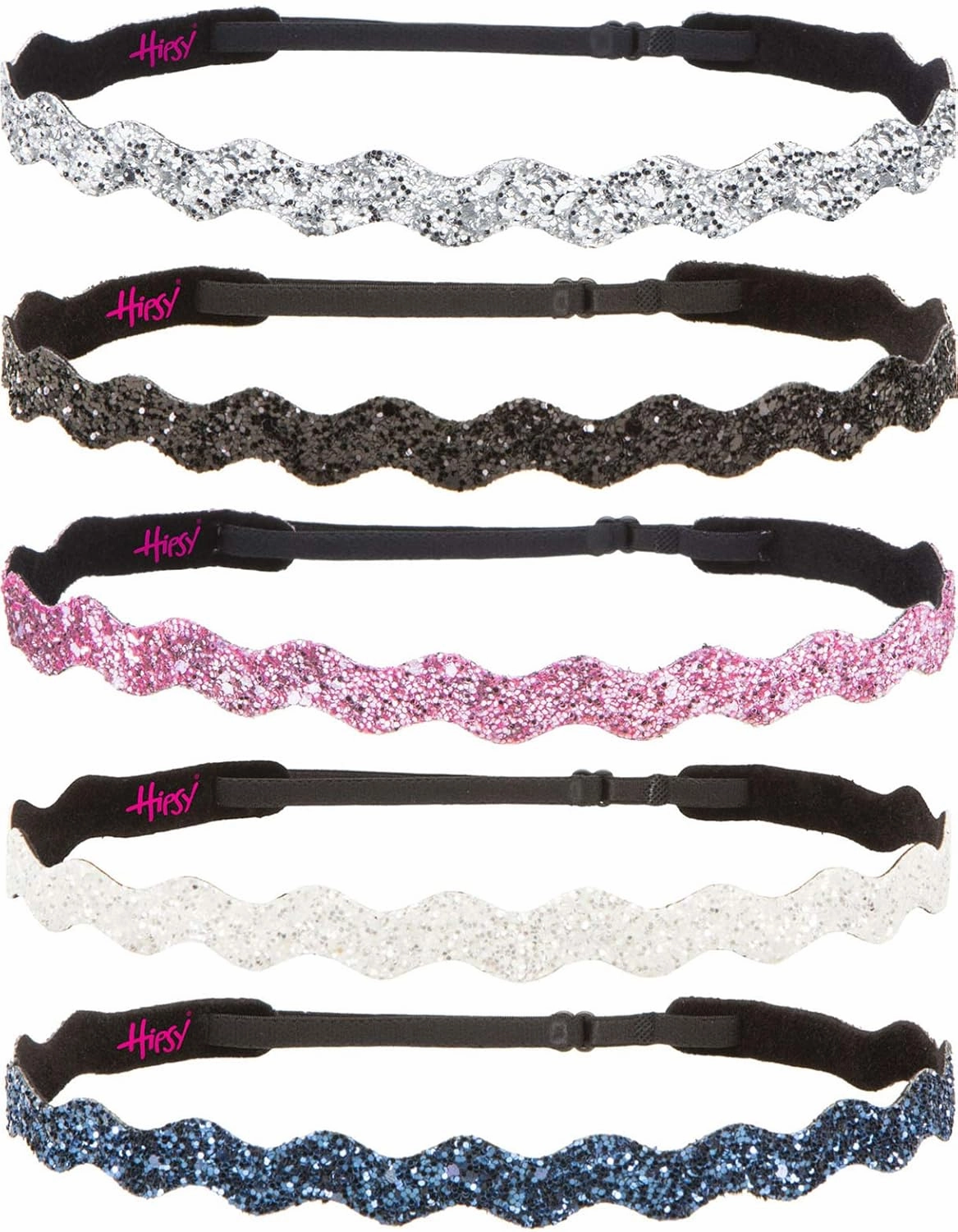 Hipsy Plus Size, Adjustable No Slip Sparkly Bling Glitter Wave 5pk Headbands for Women Girls & Teens (Wave Navy/White/Light Pink/Black/Silver)