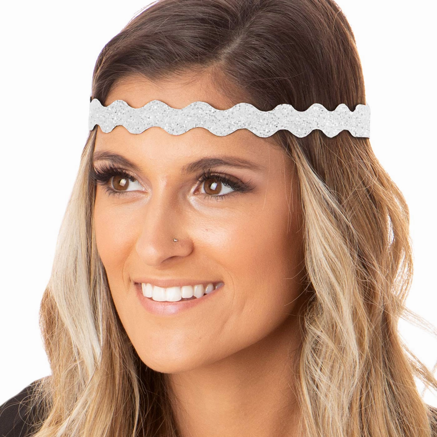 Hipsy Plus Size, Adjustable No Slip Sparkly Bling Glitter Wave 5pk Headbands for Women Girls & Teens (Wave Navy/White/Light Pink/Black/Silver)