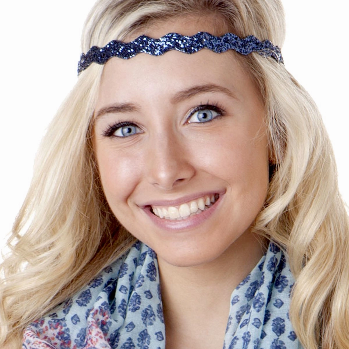 Hipsy Plus Size, Adjustable No Slip Sparkly Bling Glitter Wave 5pk Headbands for Women Girls & Teens (Wave Navy/White/Light Pink/Black/Silver)