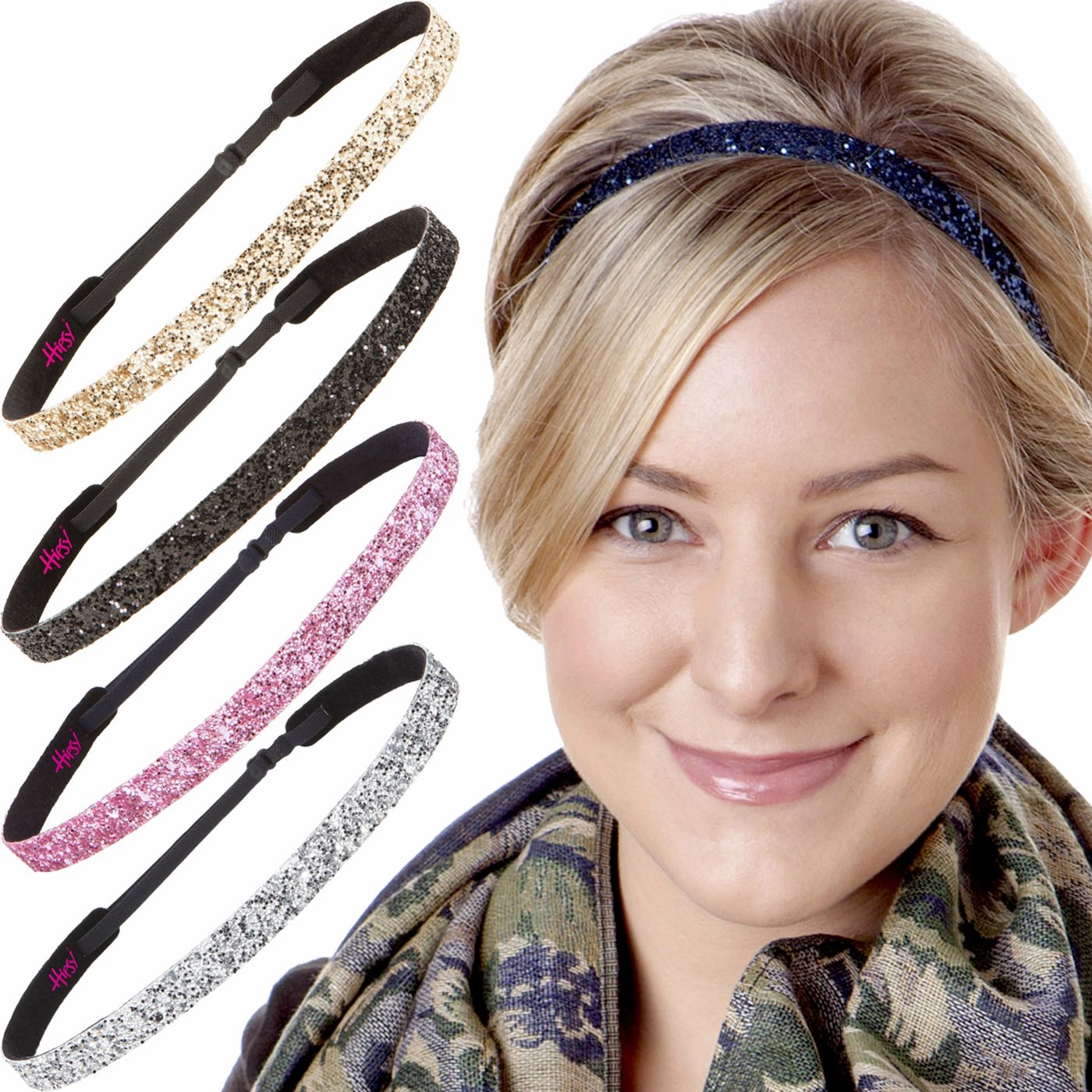 Hipsy Women's Adjustable Cute Fashion Headbands Hairband Gift Pack (5pk Skinny Navy/Silver/Light Pink/Black/Gold)