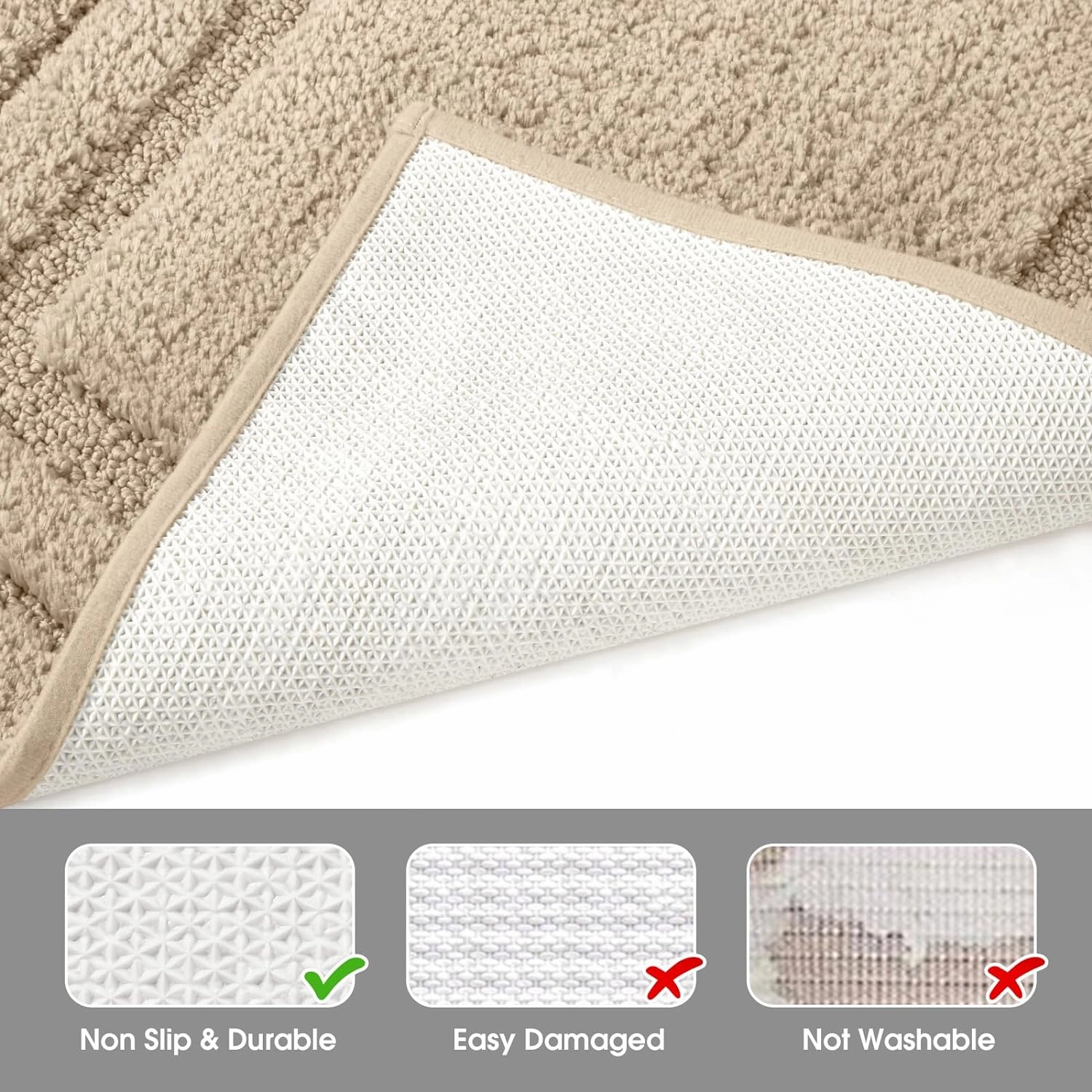 HOMEIDEAS Bathroom Rugs Sets 2 Piece, Super Soft and Absorbent Non Slip Microfiber Machine Washable Bath Mat Set (20" x 32"   16" x 24", Beige)