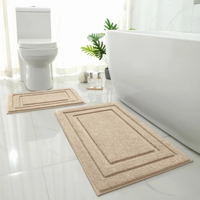 HOMEIDEAS Bathroom Rugs Sets 2 Piece, Super Soft and Absorbent Non Slip Microfiber Machine Washable Bath Mat Set (20" x 32"   16" x 24", Beige)