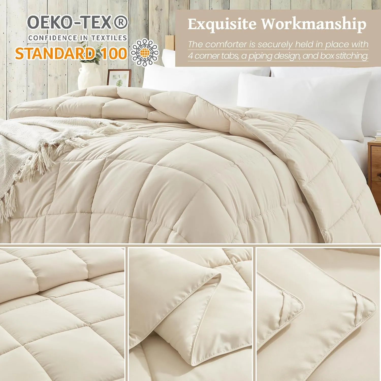 Homelike Moment Comforters Queen Size - Beige Duvet Insert Down Alternative Bed Queen Comforter, Lightweight Bedding Comforters Full Size Quilted Soft All Season Beige