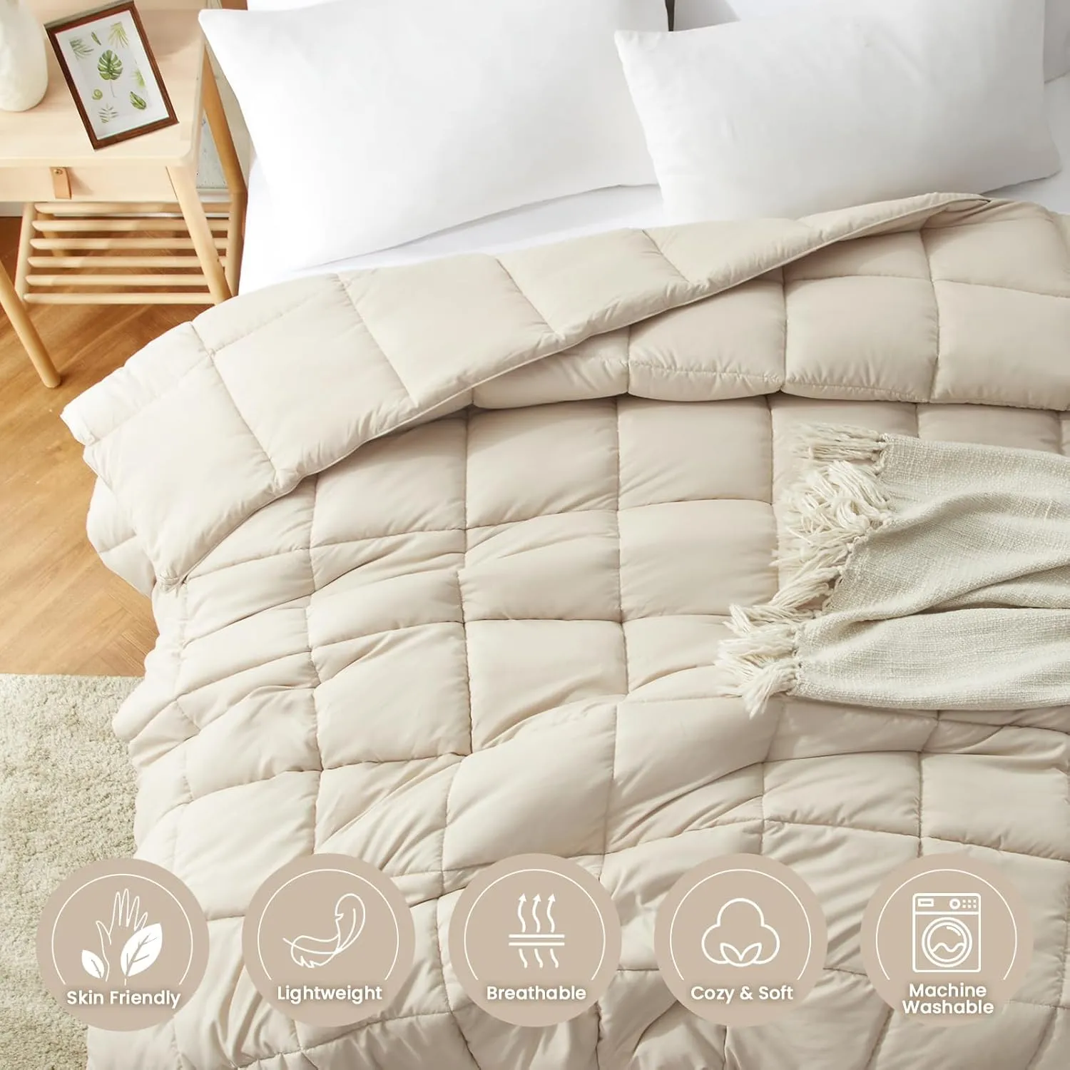 Homelike Moment Comforters Queen Size - Beige Duvet Insert Down Alternative Bed Queen Comforter, Lightweight Bedding Comforters Full Size Quilted Soft All Season Beige