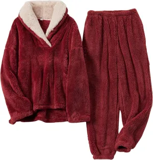 Hooever Women's Fluzzy Sherpa Fleece Pajamas Warm Pullover Lapel Sleepwear Sets