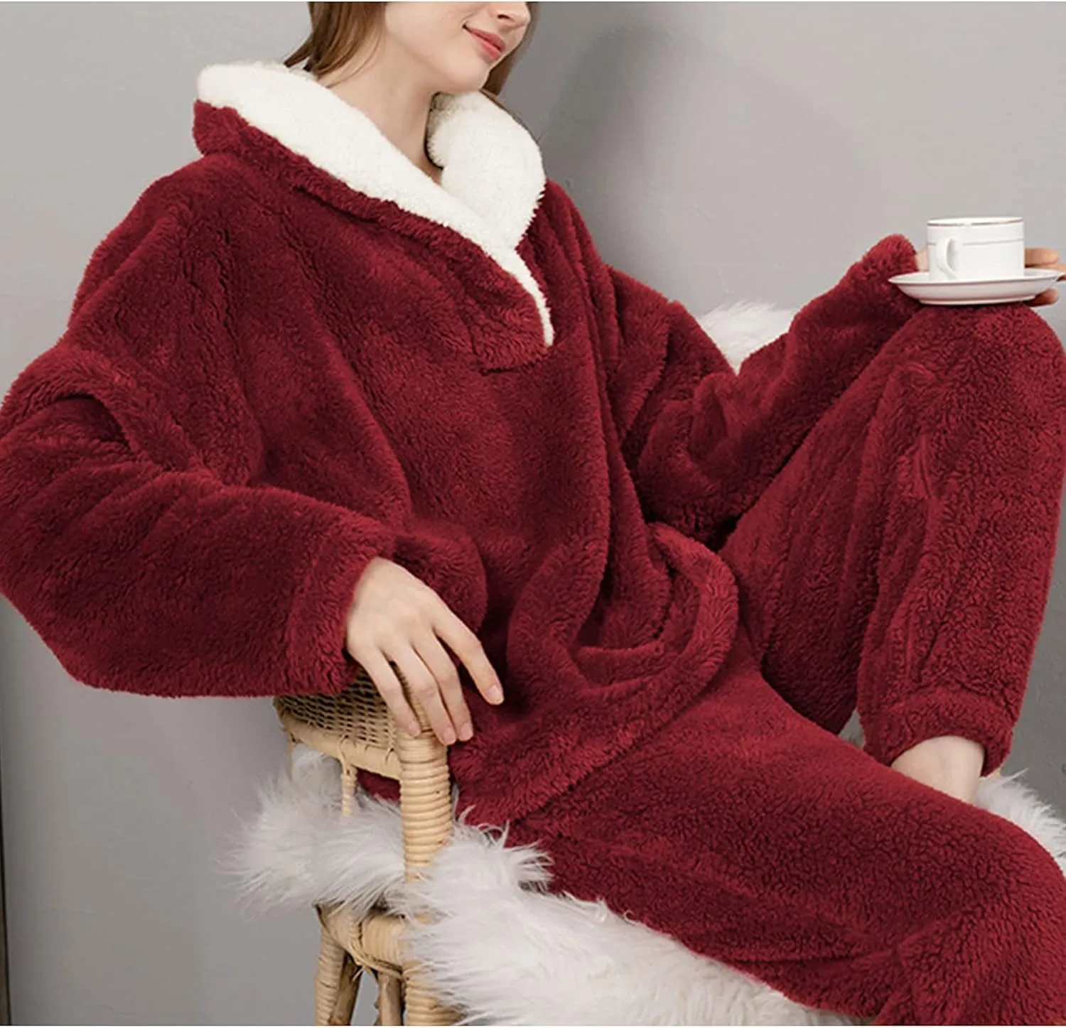 Hooever Women's Fluzzy Sherpa Fleece Pajamas Warm Pullover Lapel Sleepwear Sets