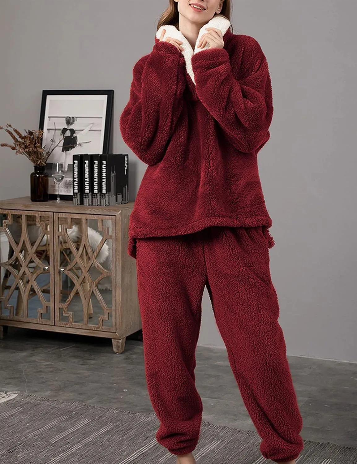 Hooever Women's Fluzzy Sherpa Fleece Pajamas Warm Pullover Lapel Sleepwear Sets