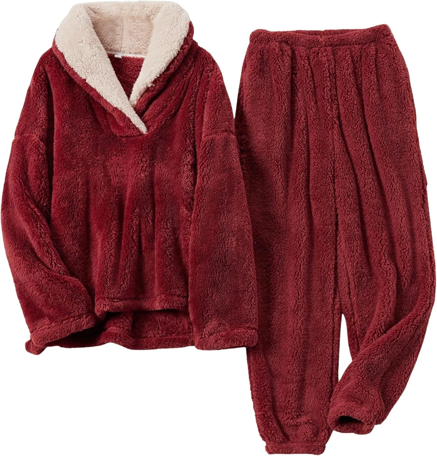 Hooever Women's Fluzzy Sherpa Fleece Pajamas Warm Pullover Lapel Sleepwear Sets