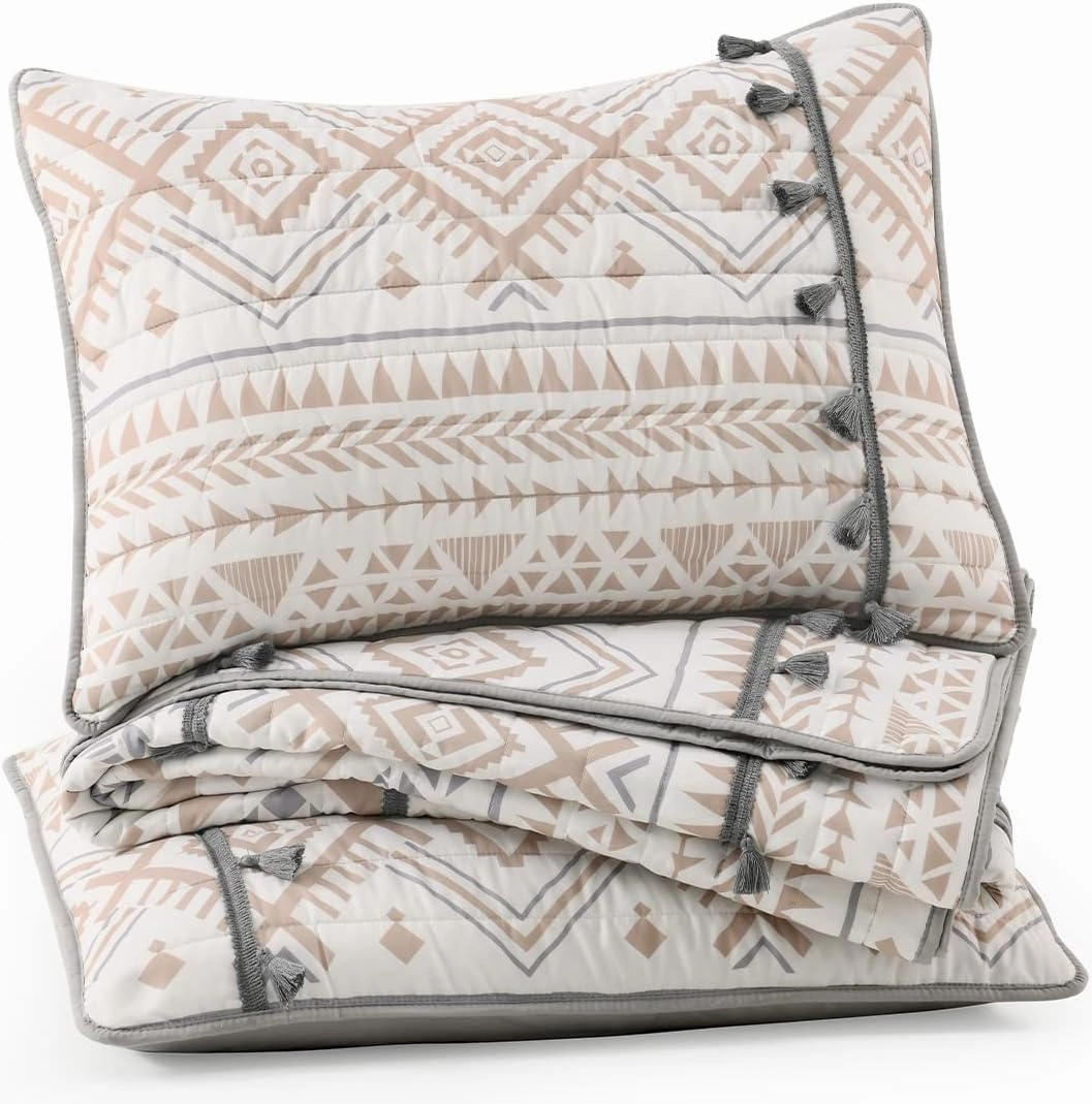 HORIMOTE HOME Boho Style Beige Queen Quilt Set with Tassle, Soft and Lightweight Bedspread for All Season, Full Size Bed Coverlet with 2 Matching Pillow Shams (3 Pieces)