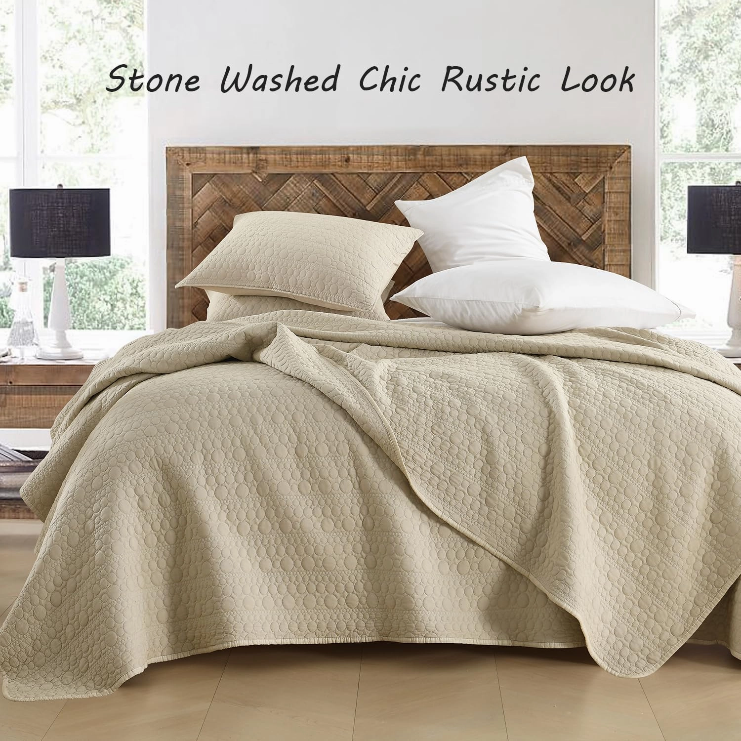 HORIMOTE HOME Quilt Set Queen Size Brich Beige, Classic Geometric Spots Stitched Pattern Stone-Washed Microfiber Chic Rustic Look, Soft Lightweight Quilted Bedding Set for All Season, 3 Pieces