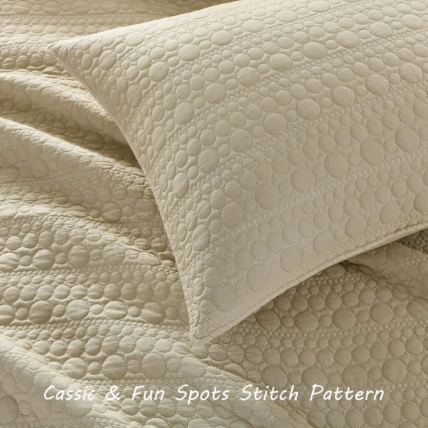 HORIMOTE HOME Quilt Set Queen Size Brich Beige, Classic Geometric Spots Stitched Pattern Stone-Washed Microfiber Chic Rustic Look, Soft Lightweight Quilted Bedding Set for All Season, 3 Pieces
