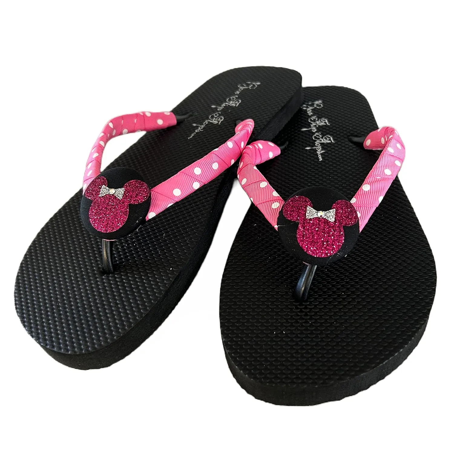 Hot Pink Glitter Polka Dot Minnie Mouse Flip Flops for Women and Kids Girls, Customize Colors, Rhinestone Sandals with Mouse Ears Button