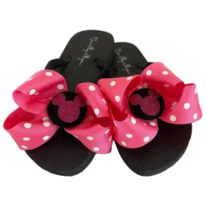 Hot Pink Polka Dot Glitter Mickey Mouse Bow Flip Flops