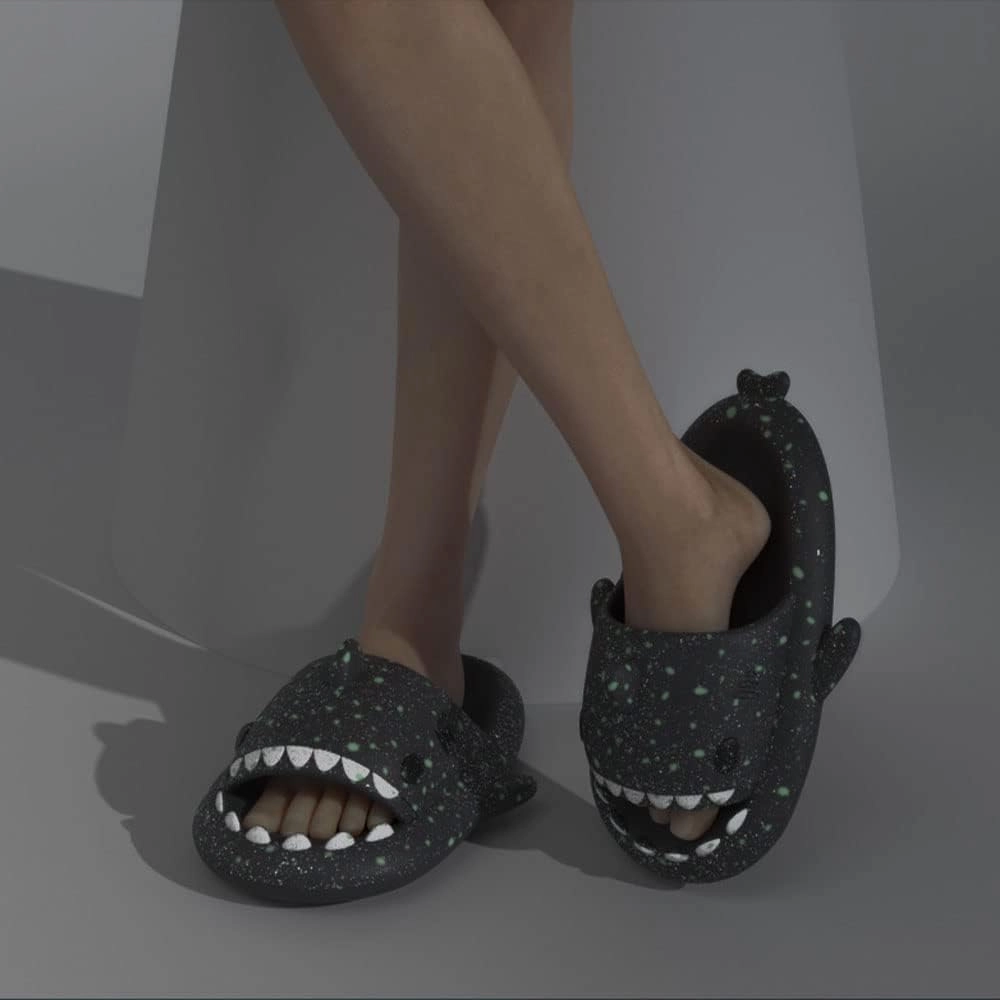 Hrtesus Galaxy Shark Slides Glow In The Dark For Men and Women, EVA Open Toe Platform Cloud Cushion Adult Shark Slippers With Glitter