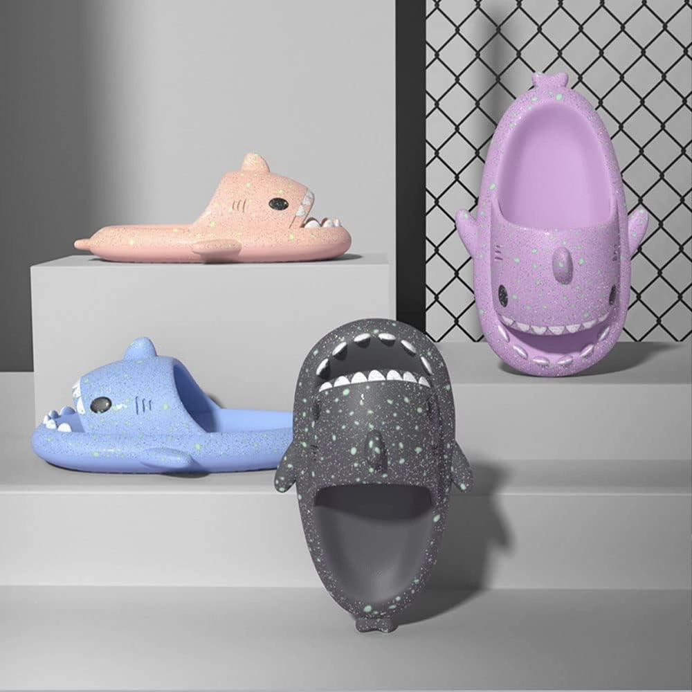 Hrtesus Galaxy Shark Slides Glow In The Dark For Men and Women, EVA Open Toe Platform Cloud Cushion Adult Shark Slippers With Glitter