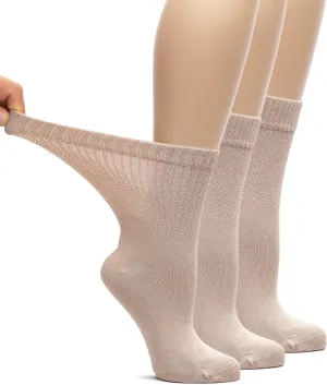 Hugh Ugoli Women's Bamboo Loose Fit Diabetic Crew Socks, Soft, Wide & Stretchy with Seamless Toe & Non-Binding Top, 3 Pairs