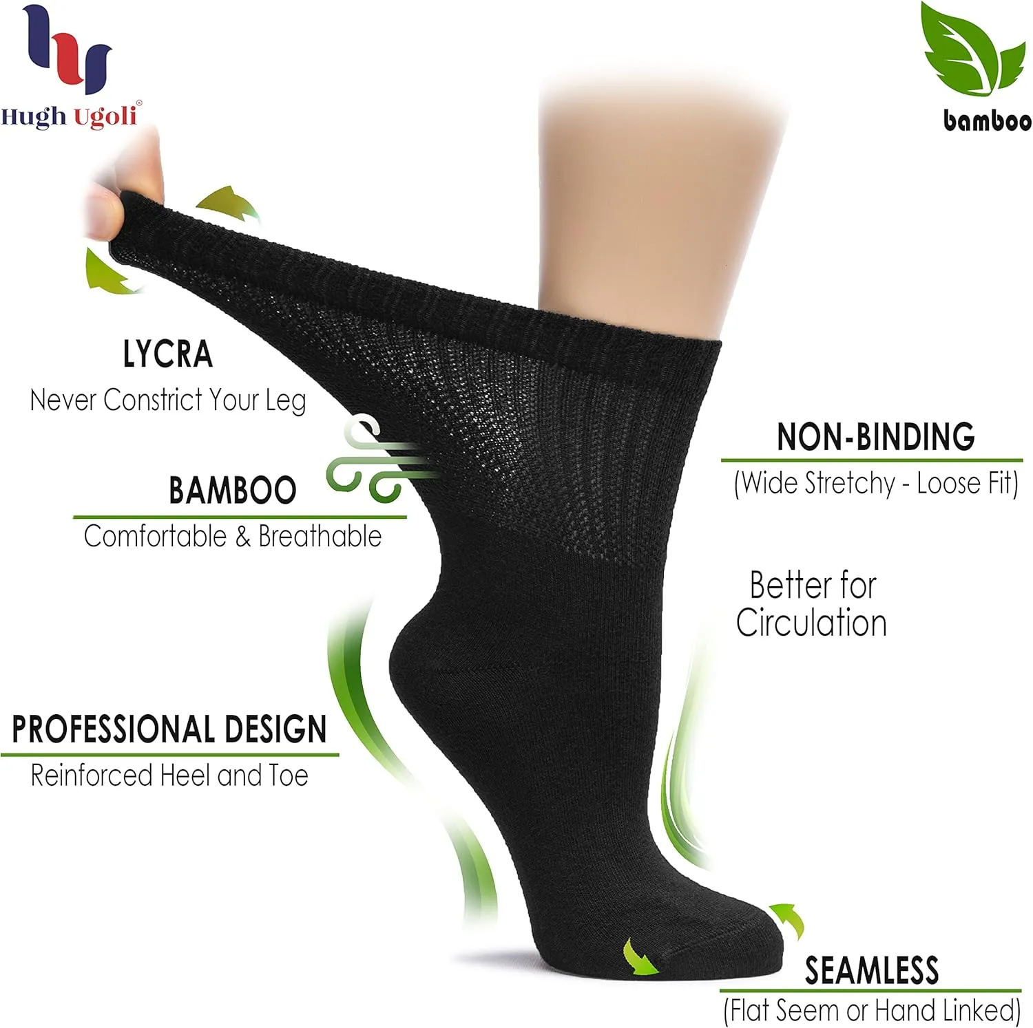 Hugh Ugoli Women's Bamboo Loose Fit Diabetic Crew Socks, Soft, Wide & Stretchy with Seamless Toe & Non-Binding Top, 3 Pairs