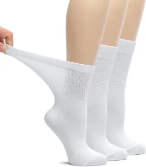 Hugh Ugoli Women's Bamboo Loose Fit Diabetic Crew Socks, Soft, Wide & Stretchy with Seamless Toe & Non-Binding Top, 3 Pairs