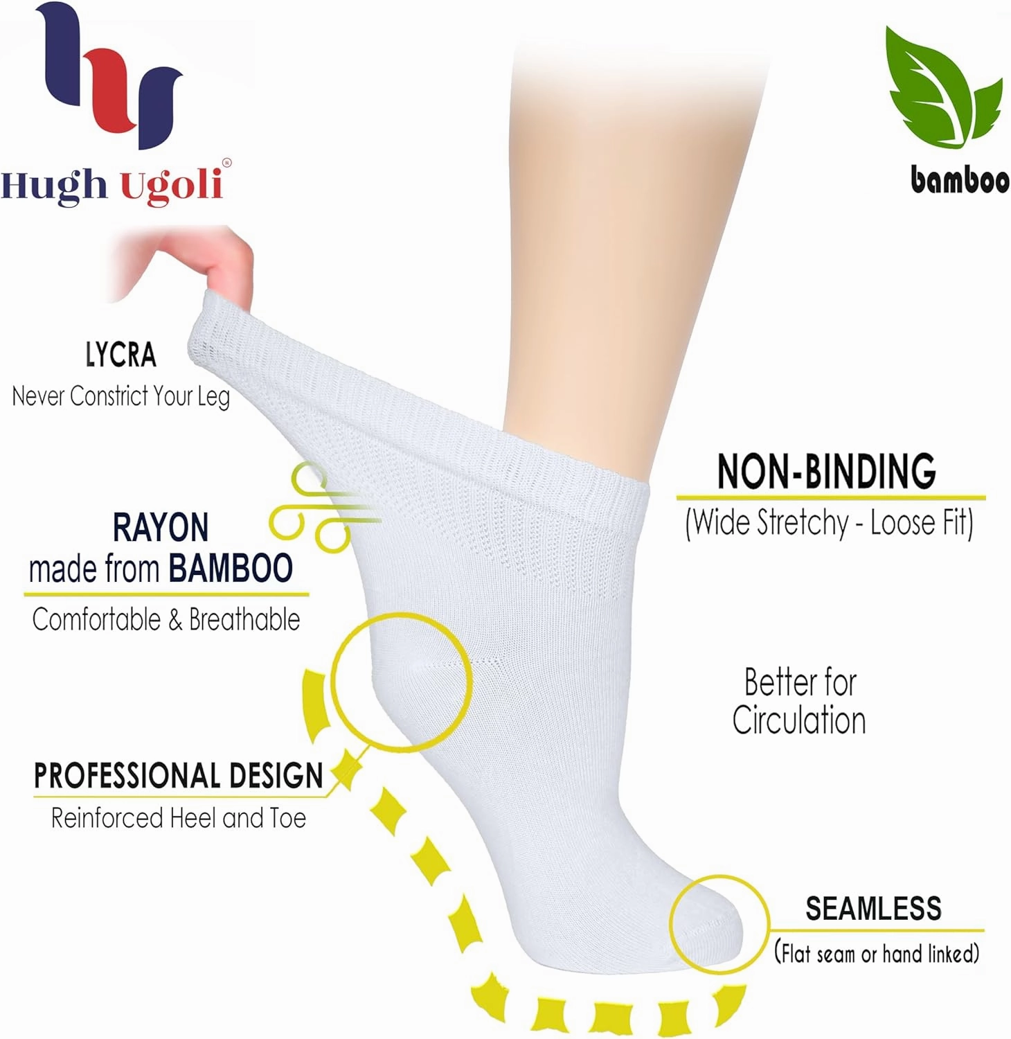 Hugh Ugoli Women's Bamboo Diabetic Ankle Socks, Super Soft Seamless Toe Non Binding, Wide, Loose Fit & Stretchy, 3 Pairs