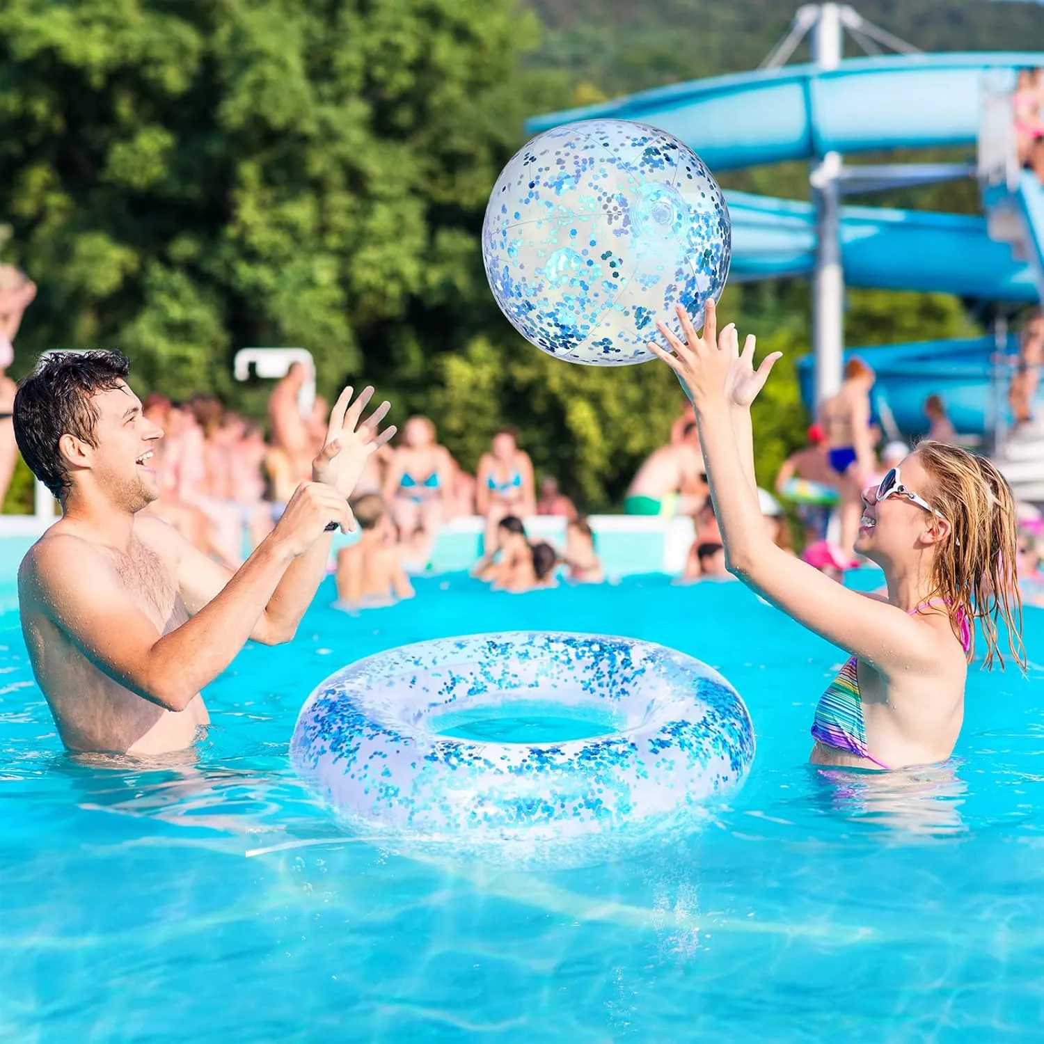 Hungdao 4 Pcs Glitter Inflatable Pool Float Tube Confetti Swim Ring and Glitter Beach Ball Confetti Inflatable Beach Ball for Adult Teens Summer Pool Favor