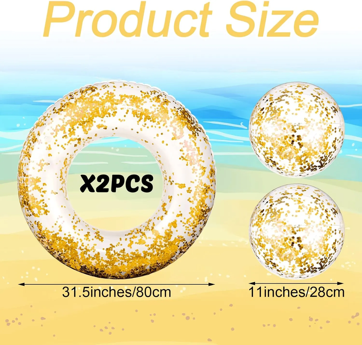 Hungdao 4 Pcs Glitter Inflatable Pool Float Tube Confetti Swim Ring and Glitter Beach Ball Confetti Inflatable Beach Ball for Adult Teens Summer Pool Favor