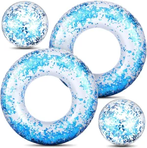 Hungdao 4 Pcs Glitter Inflatable Pool Float Tube Confetti Swim Ring and Glitter Beach Ball Confetti Inflatable Beach Ball for Adult Teens Summer Pool Favor