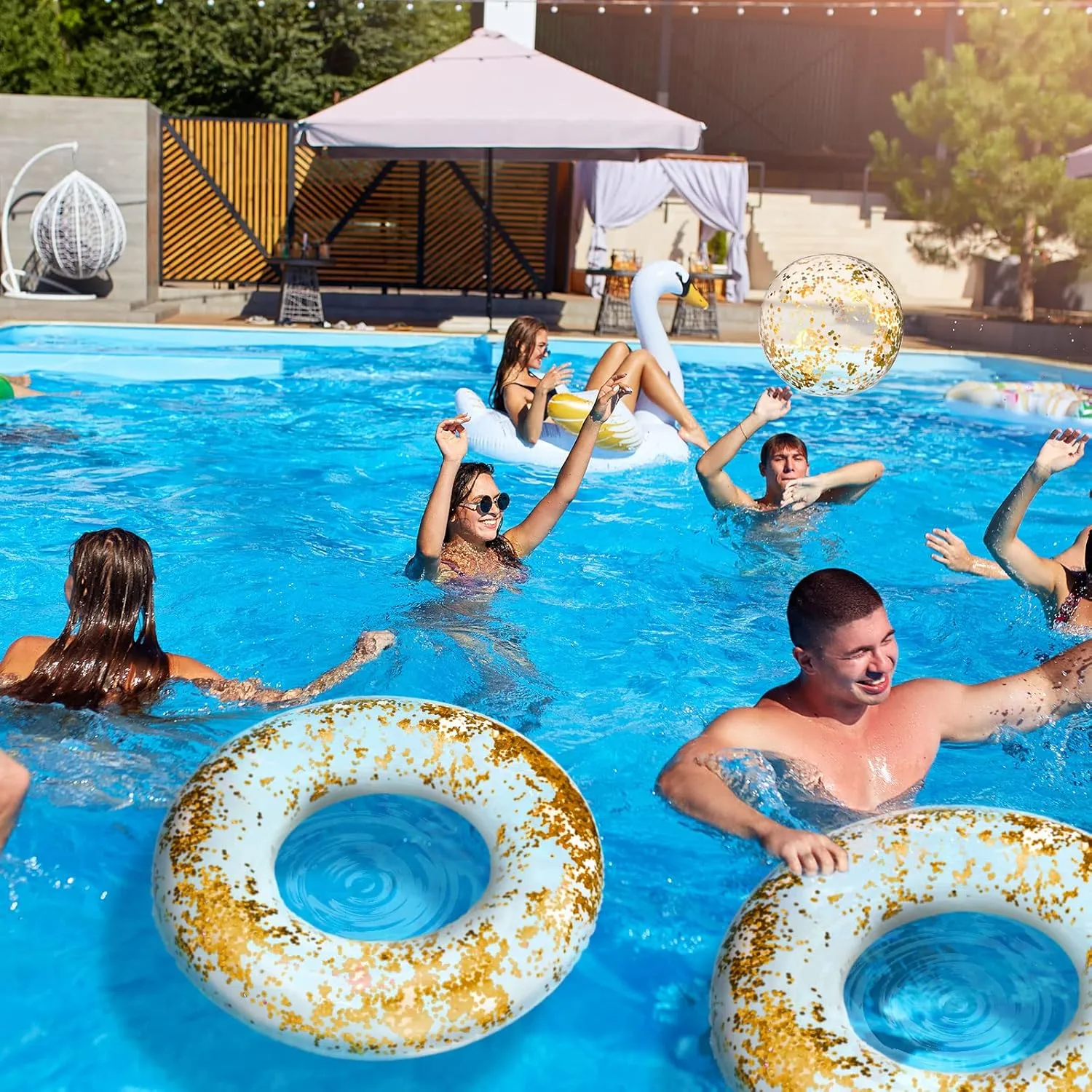 Hungdao 4 Pcs Glitter Inflatable Pool Float Tube Confetti Swim Ring and Glitter Beach Ball Confetti Inflatable Beach Ball for Adult Teens Summer Pool Favor