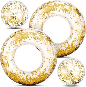 Hungdao 4 Pcs Glitter Inflatable Pool Float Tube Confetti Swim Ring and Glitter Beach Ball Confetti Inflatable Beach Ball for Adult Teens Summer Pool Favor