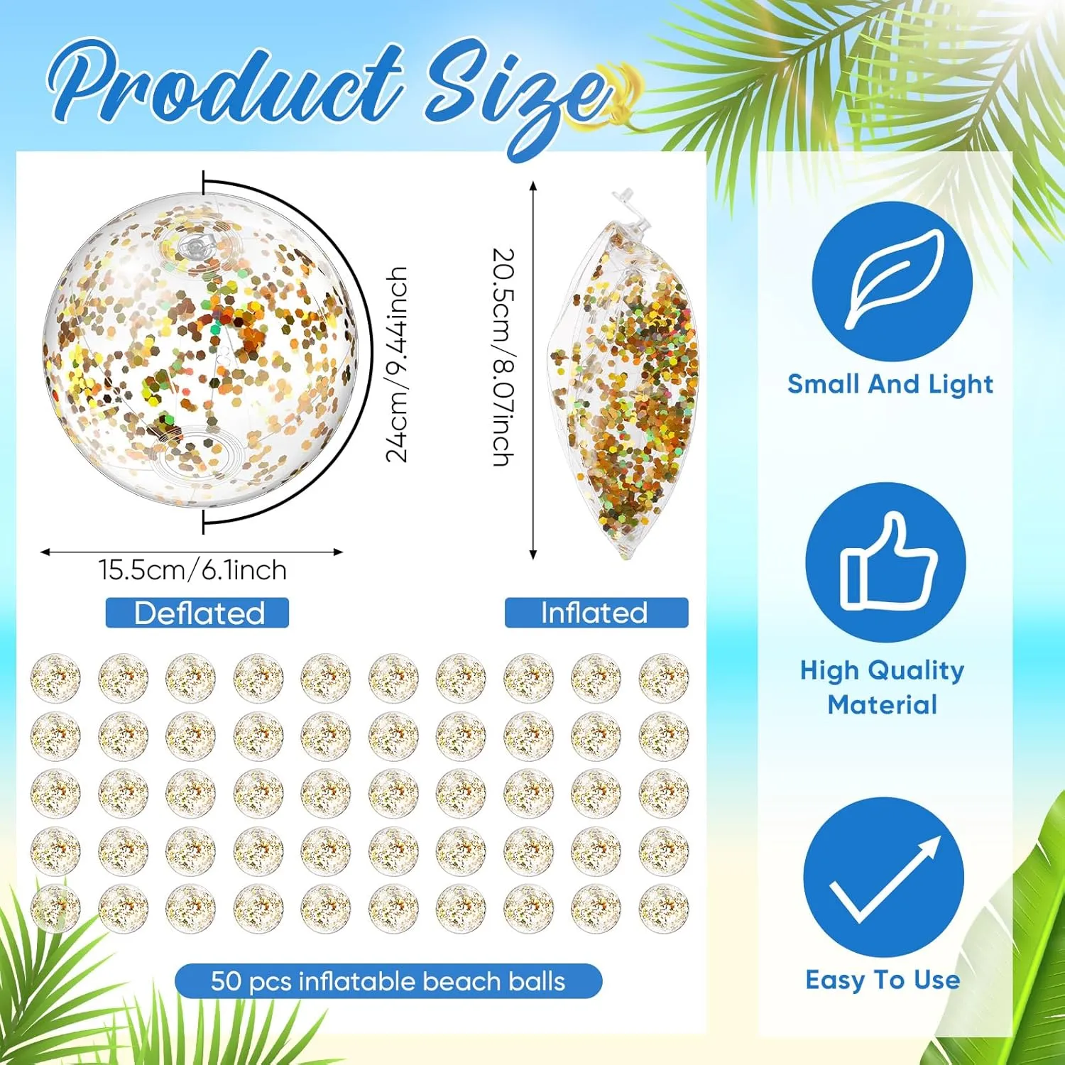 Hungdao 50 Pcs Inflatable Glitter Beach Ball 8 Inches Mini Clear Inflatable Confetti Ball Small Glitter Beach Balls Sport Ball for Summer Swimming Pool Party Favors Decorations Water Play