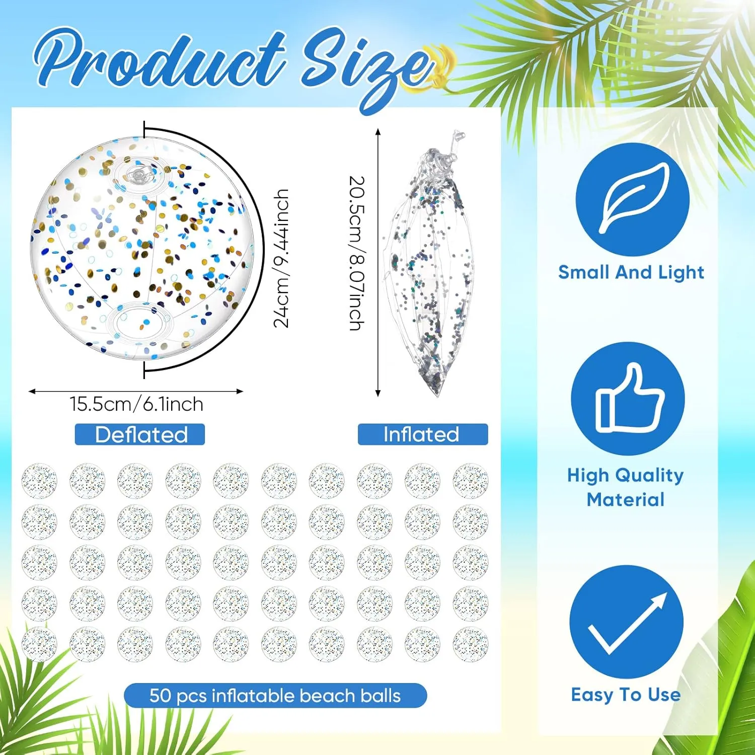 Hungdao 50 Pcs Inflatable Glitter Beach Ball 8 Inches Mini Clear Inflatable Confetti Ball Small Glitter Beach Balls Sport Ball for Summer Swimming Pool Party Favors Decorations Water Play