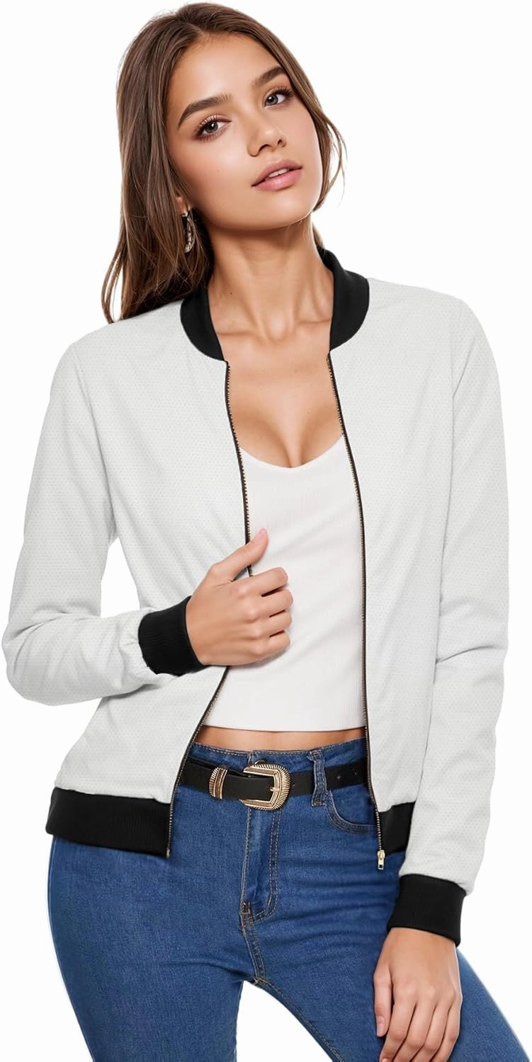 Hybrid & Company Women's Fashion Color Casual Office Comfy Zip Up Bomber Jacket Made in USA