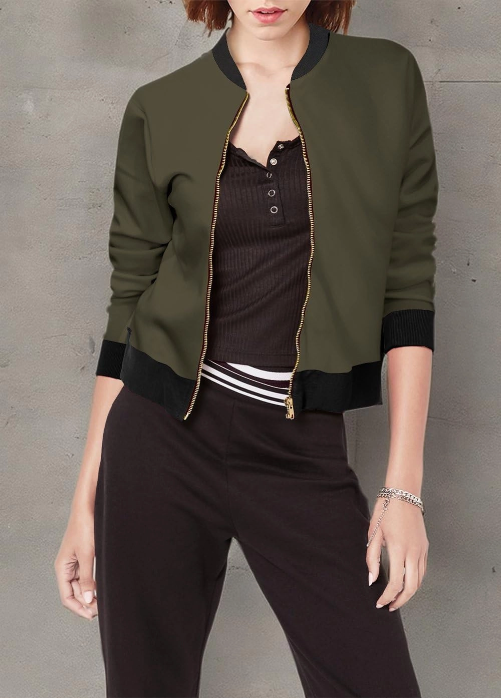 Hybrid & Company Women's Fashion Color Casual Office Comfy Zip Up Bomber Jacket Made in USA