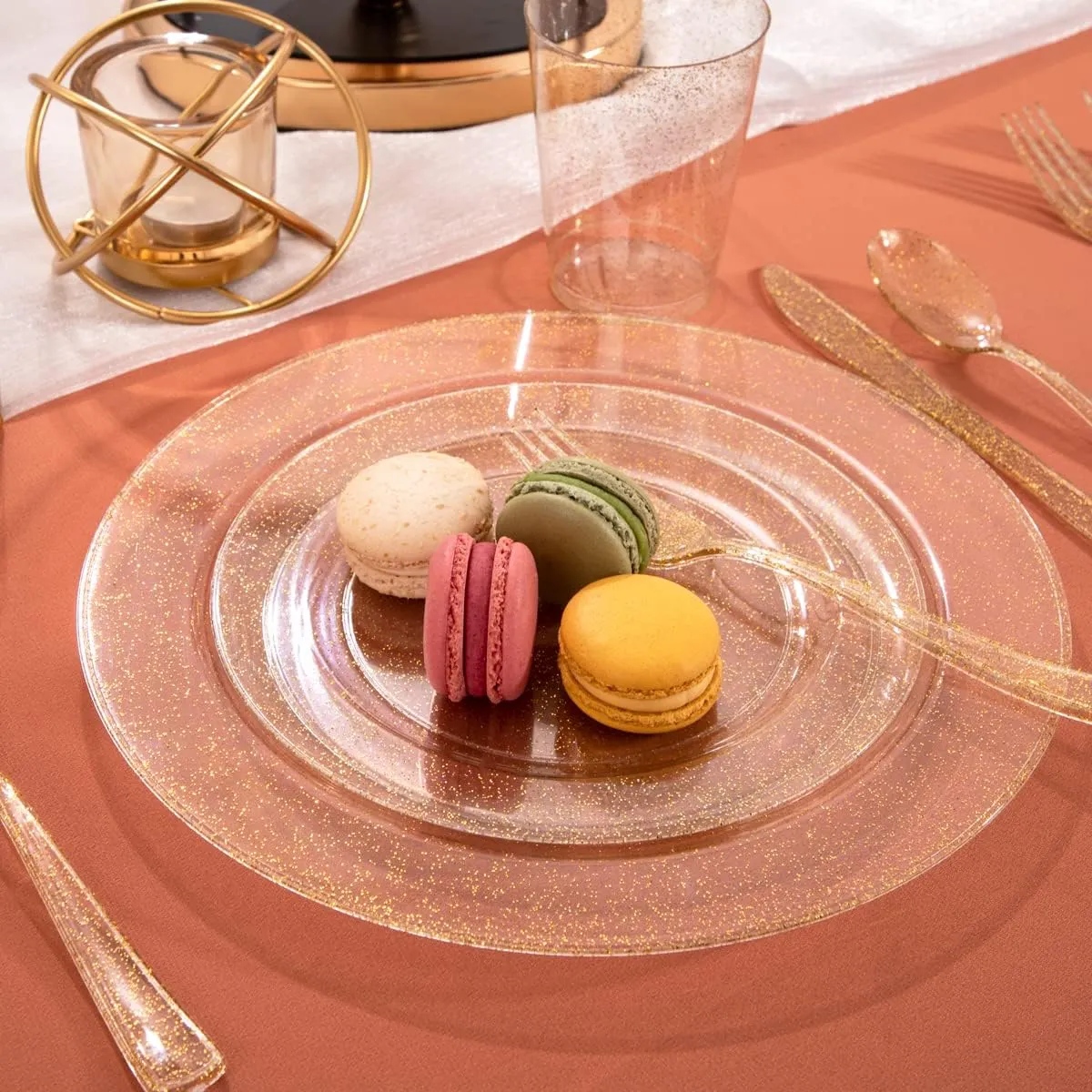 I00000 102PCS Gold Glitter Plastic Plates, Gold Glitter Disposable Plates Clear Plastic Party Plates Include 51 Dinner Plates 10.25" and 51 Dessert Plates 7.5" for Parties &Wedding