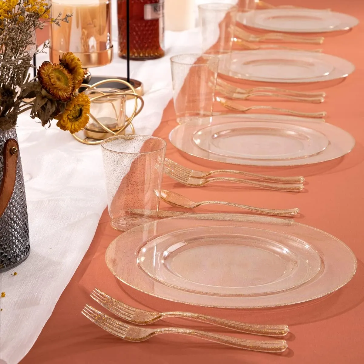 I00000 102PCS Gold Glitter Plastic Plates, Gold Glitter Disposable Plates Clear Plastic Party Plates Include 51 Dinner Plates 10.25" and 51 Dessert Plates 7.5" for Parties &Wedding