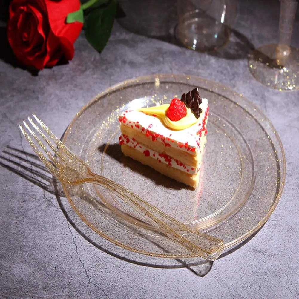 I00000 72 Pieces Plastic Dessert Plates 7.5" & 72 Pieces Gold Disposable Forks 7.4" with Gold Glitter, Gold Disposable Plates, Plastic Salad Plates for Thanksgiving
