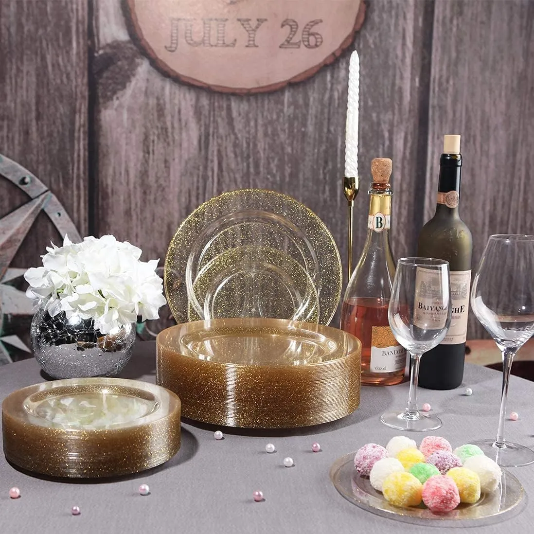 I00000 72 Pieces Plastic Dessert Plates 7.5" & 72 Pieces Gold Disposable Forks 7.4" with Gold Glitter, Gold Disposable Plates, Plastic Salad Plates for Thanksgiving