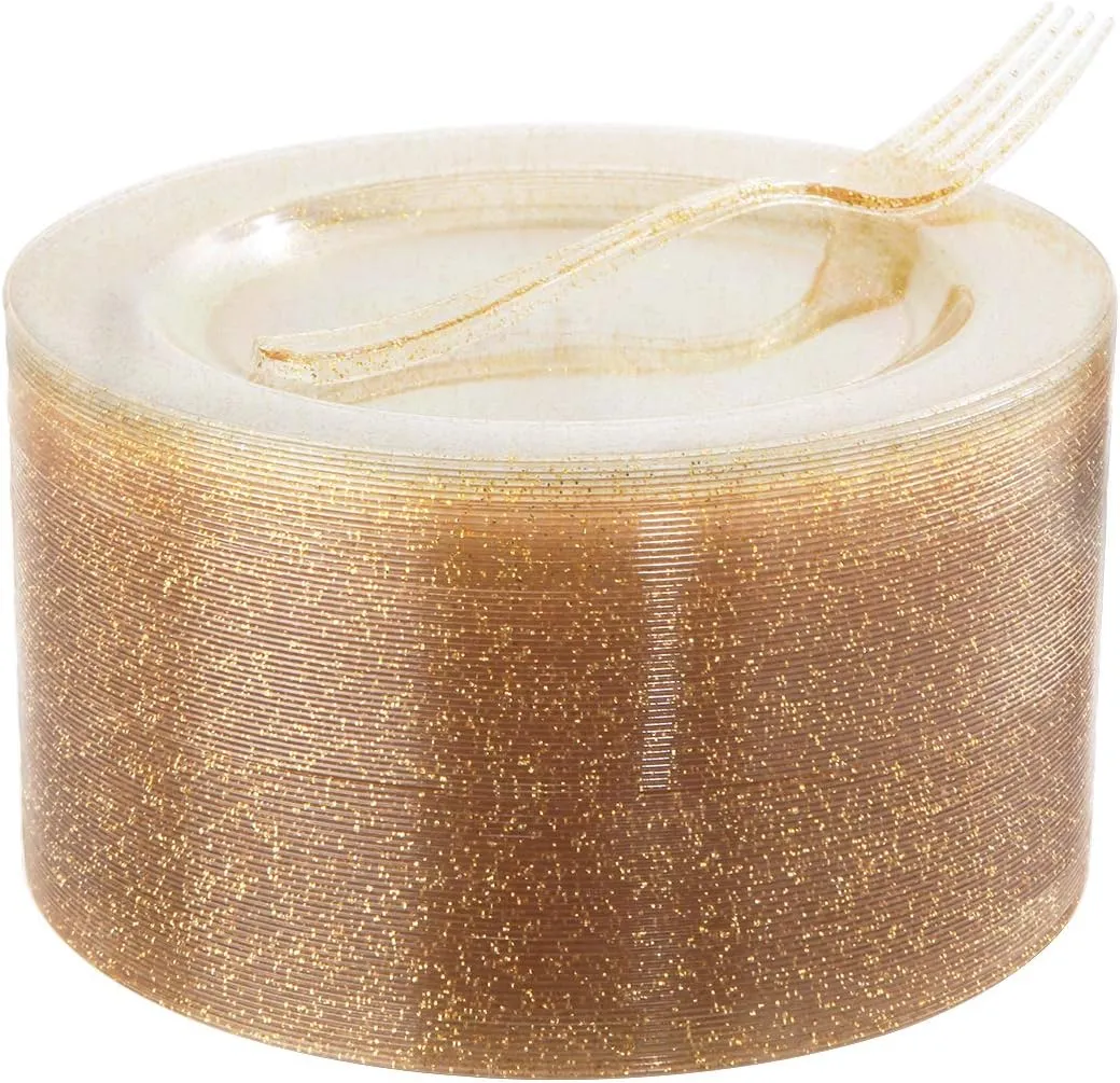 I00000 72 Pieces Plastic Dessert Plates 7.5" & 72 Pieces Gold Disposable Forks 7.4" with Gold Glitter, Gold Disposable Plates, Plastic Salad Plates for Thanksgiving