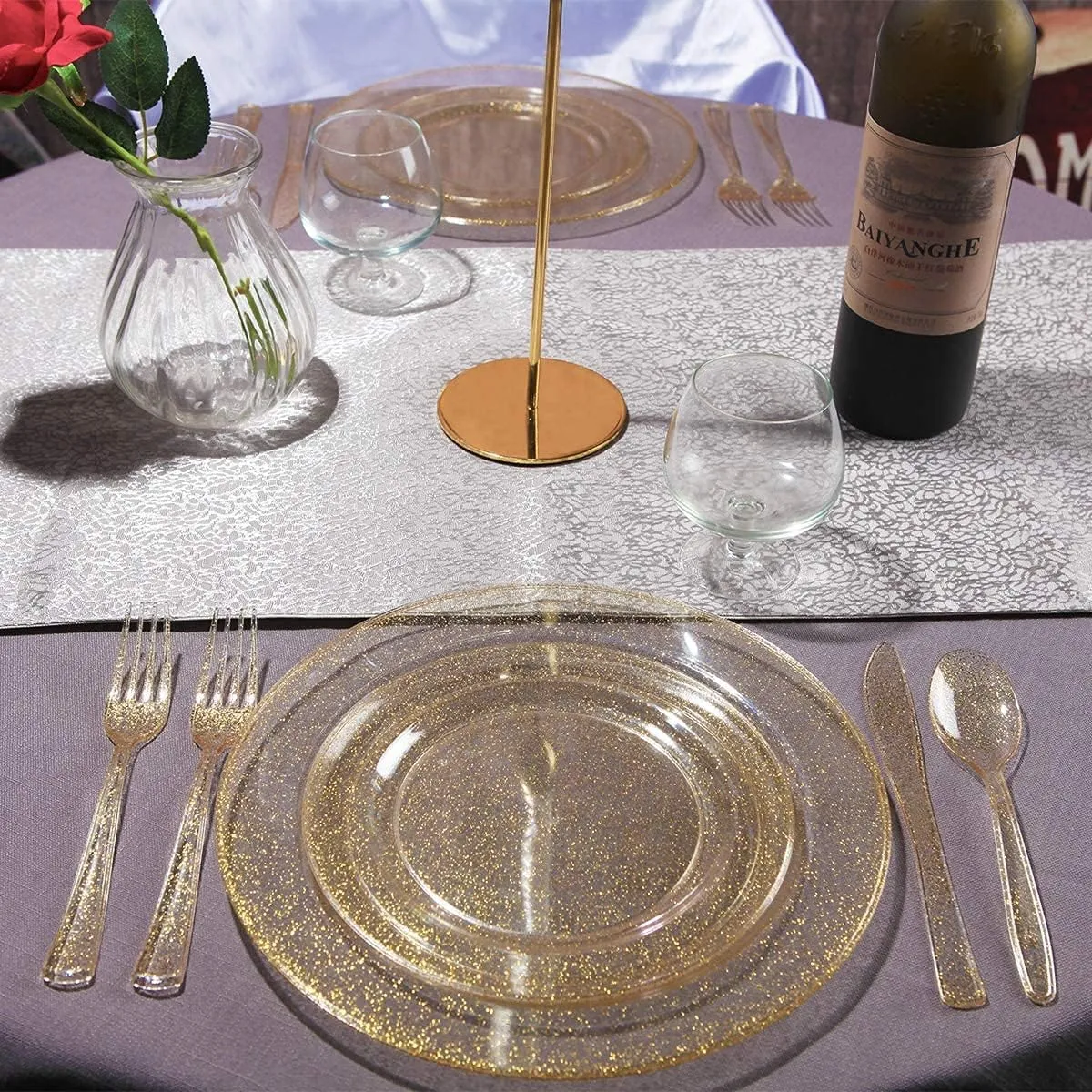 I00000 72 Pieces Plastic Dessert Plates 7.5" & 72 Pieces Gold Disposable Forks 7.4" with Gold Glitter, Gold Disposable Plates, Plastic Salad Plates for Thanksgiving