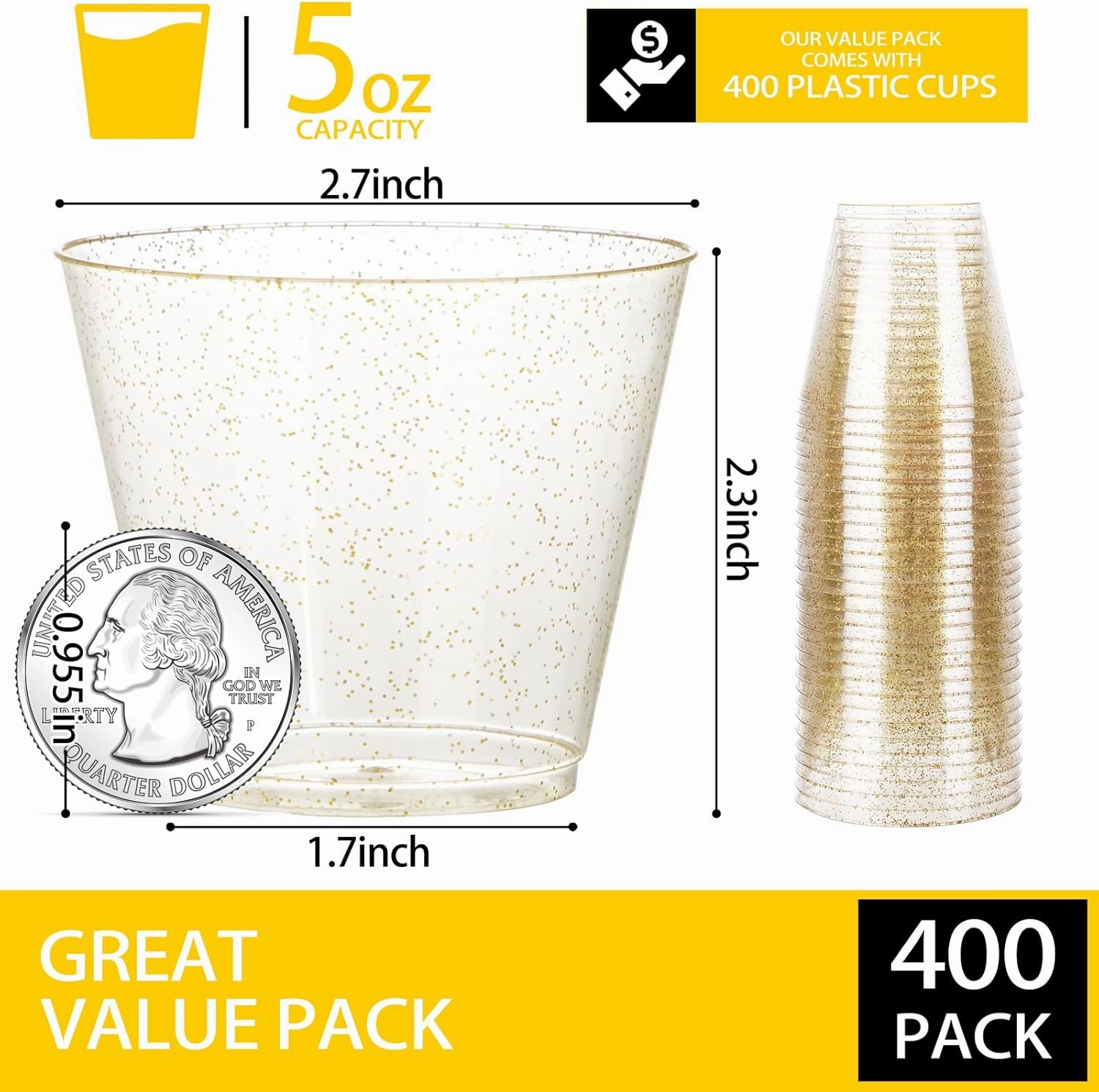 I00000 5oz 400 Pack Gold Glitter Plastic Cups, Glitter Disposable Small Plastic Cups, Plastic Clear Cups with Gold Glitter Shot Glasses, Plastic Small Tumbler Perfect for Wedding & Party