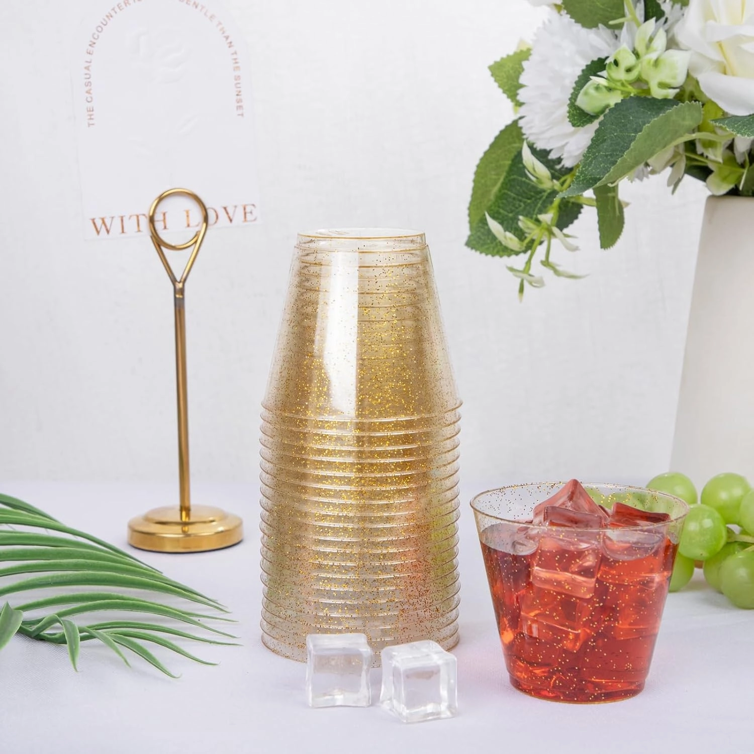 I00000 5oz 400 Pack Gold Glitter Plastic Cups, Glitter Disposable Small Plastic Cups, Plastic Clear Cups with Gold Glitter Shot Glasses, Plastic Small Tumbler Perfect for Wedding & Party
