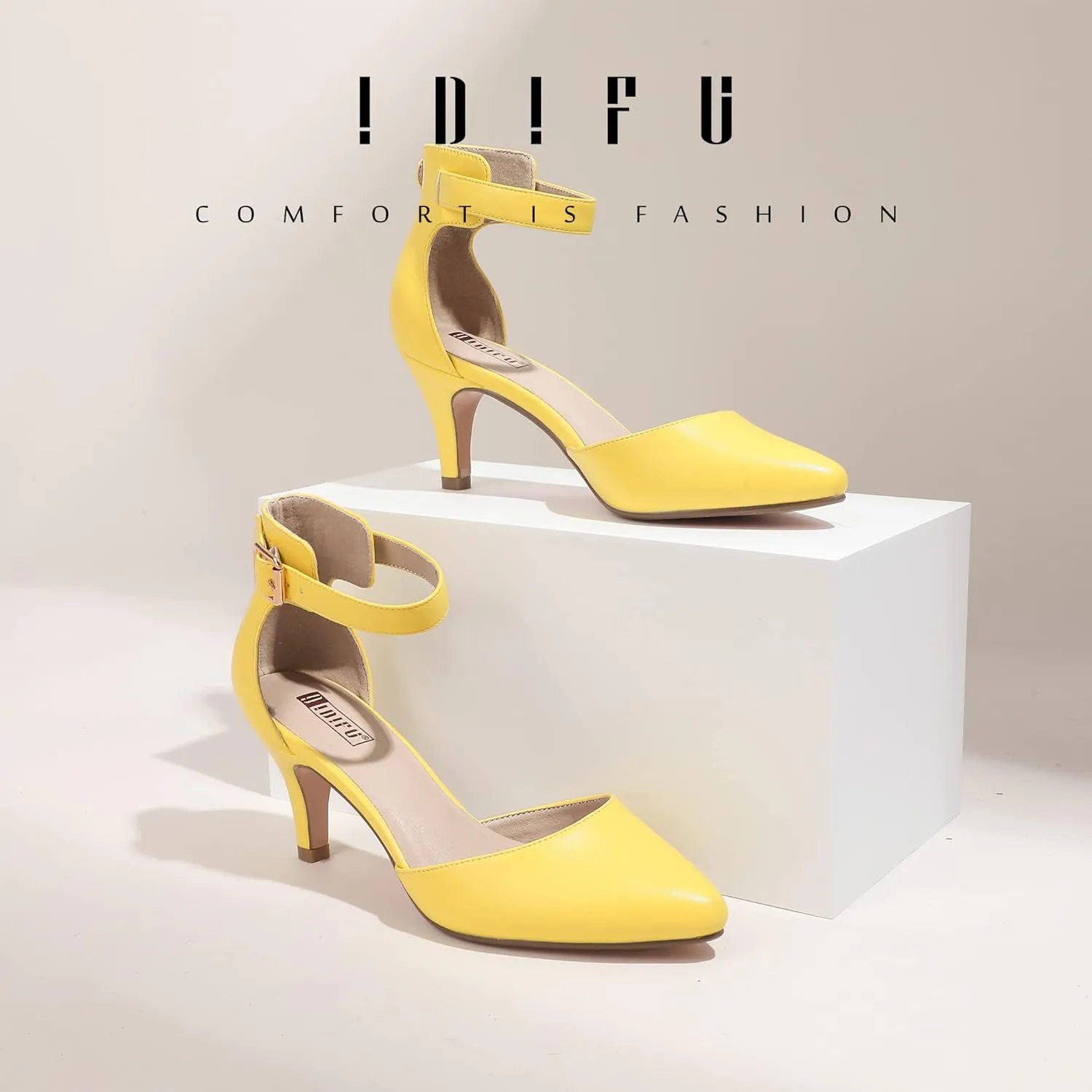 IDIFU Women's IN3 D'Orsay Pumps Low Kitten Heels for Women Dress Shoes Pointed Closed Toe Wedding Bride Ankle Strap Dressy Silver Black Nude White Gold Heels for Women